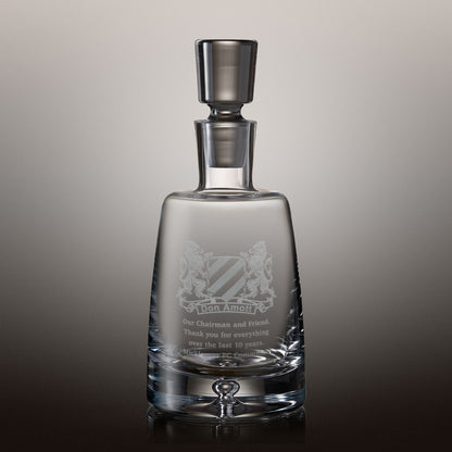 Engraved spirit decanter with crest design and personalised message