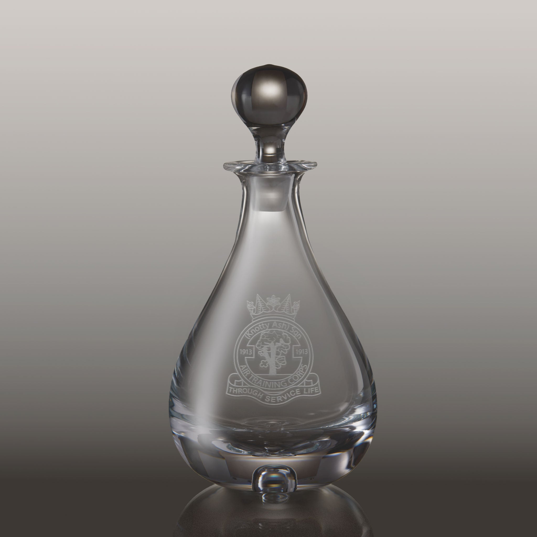 Engraved spirit decanter with corporate crest and personalised inscription