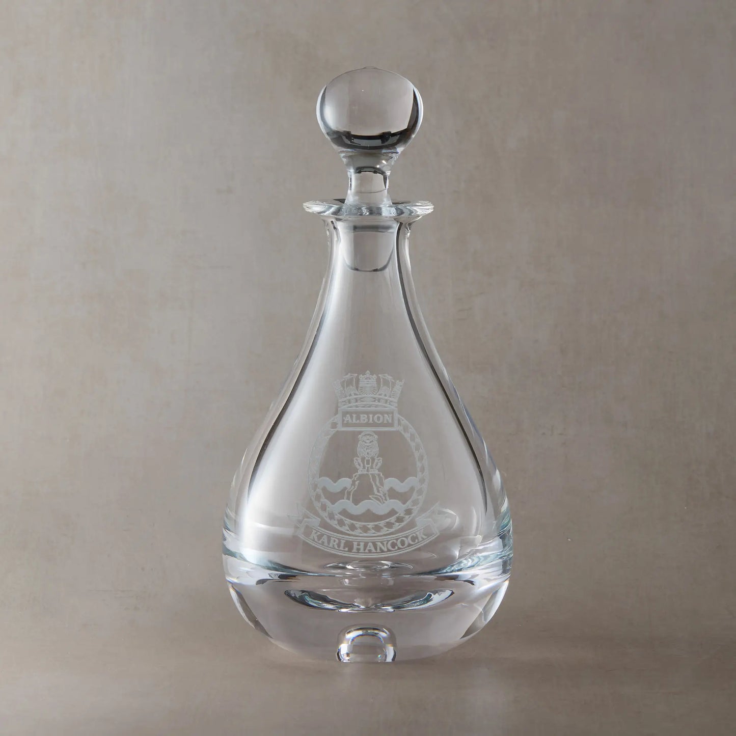 Personalised corporate logo wine decanter engraved with crest insignia