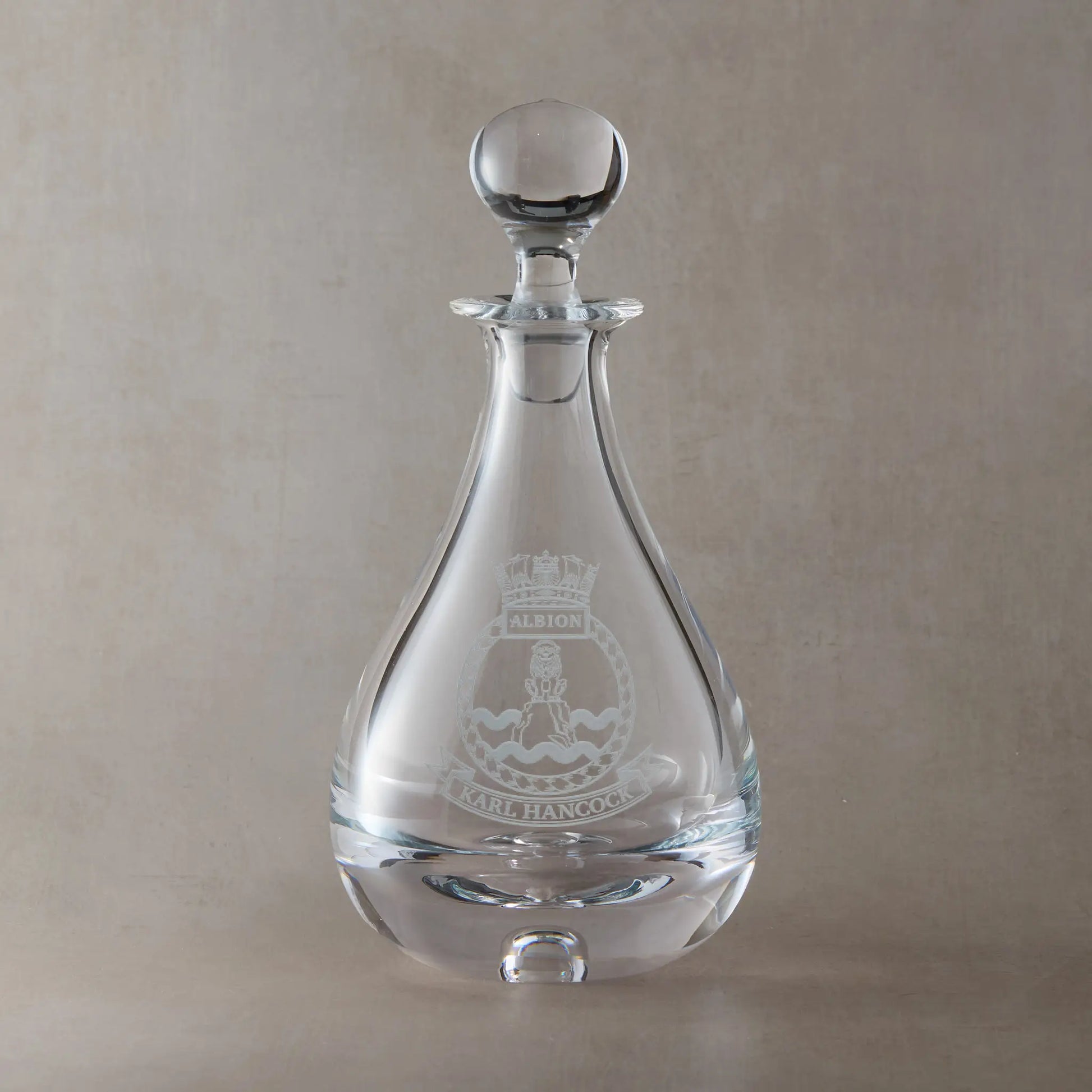 Personalised corporate logo wine decanter engraved with crest insignia