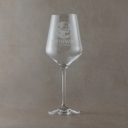 Wine glass engraved with corporate company logo and personalised text