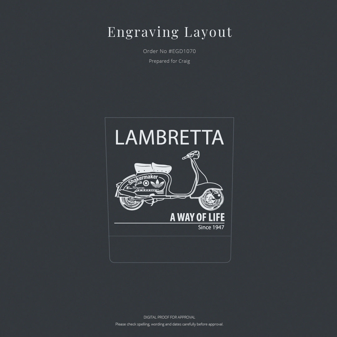 Lambretta scooter illustration with text prepared for engraving on a whisky glass