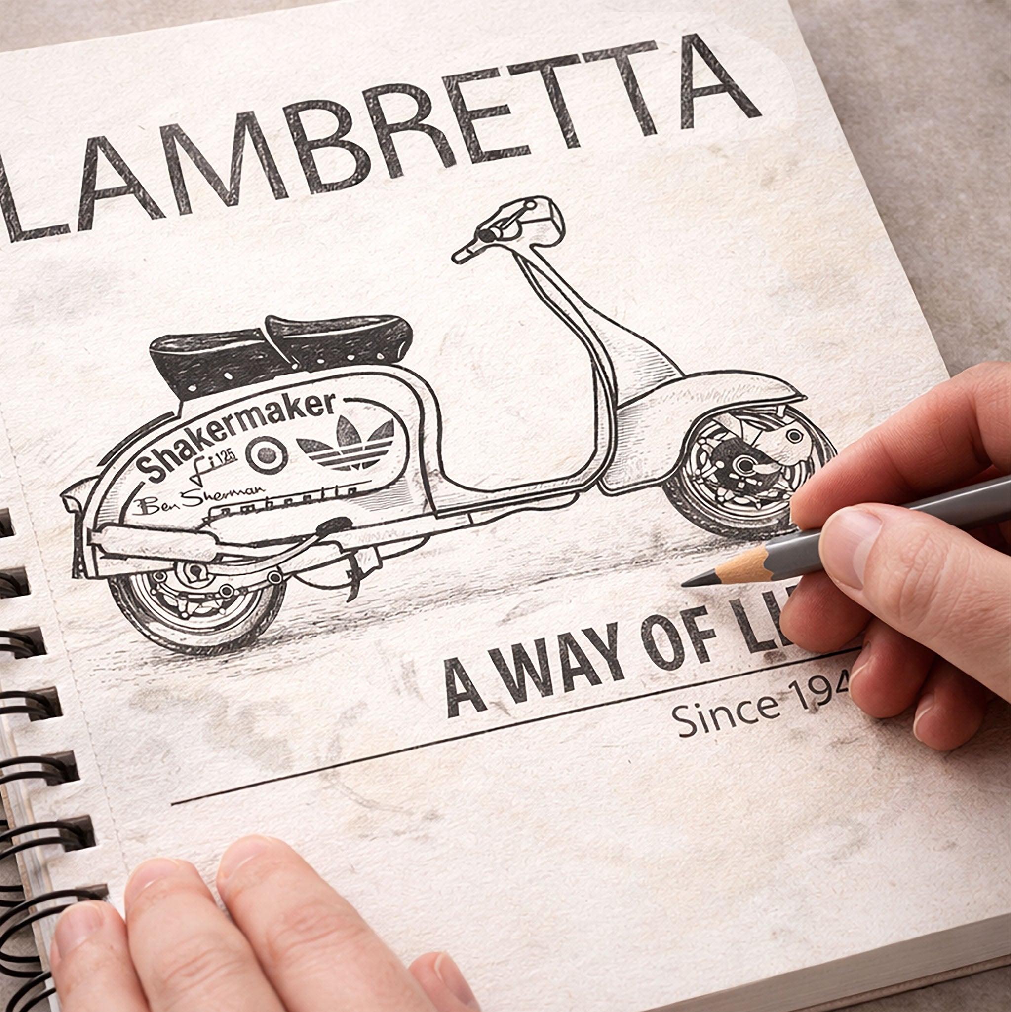 Hand-drawn Lambretta scooter illustration in a notebook with a hand holding a pencil.
