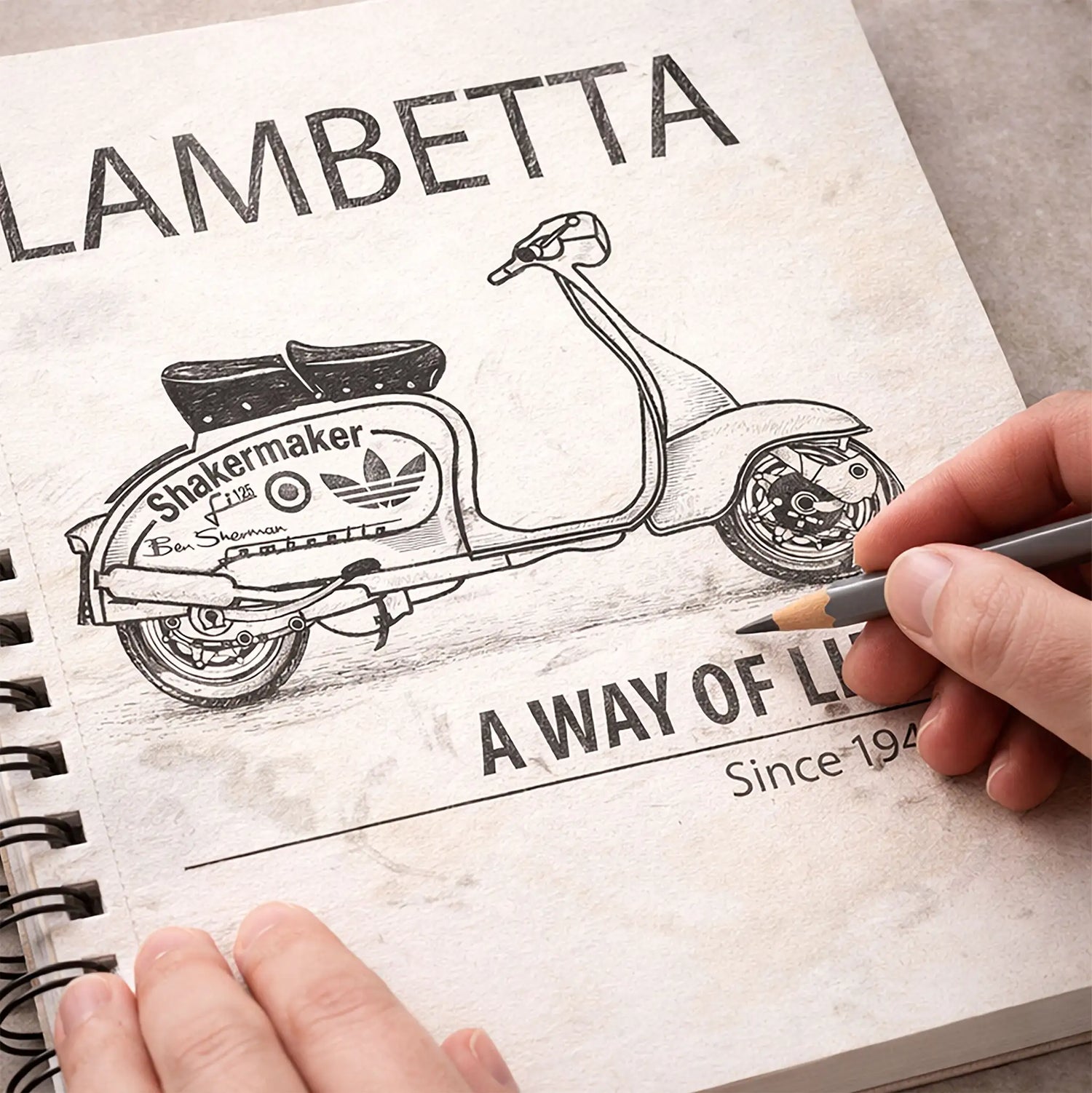 Pencil sketch of a customised Lambretta scooter for engraving
