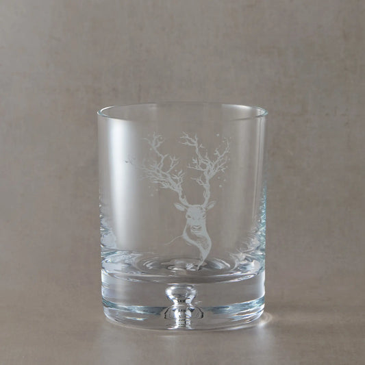 Deer Mother Atelier Whisky Glass with engraved antlers of stars and branches