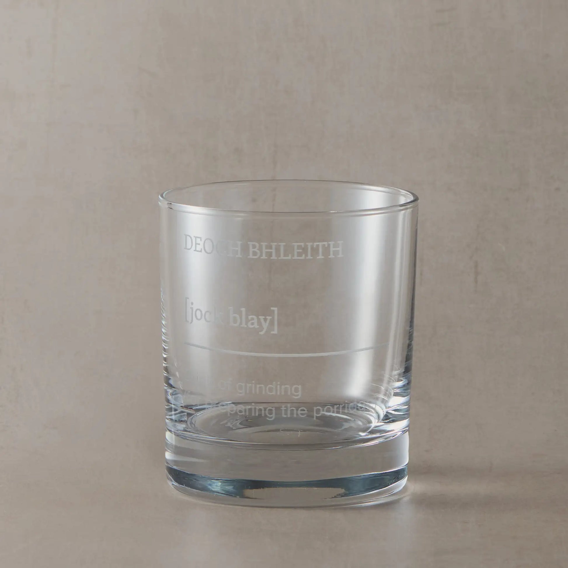 Whisky Tumbler engraved with Deoch bhleith – "drink of grinding" (for preparing the porridge)