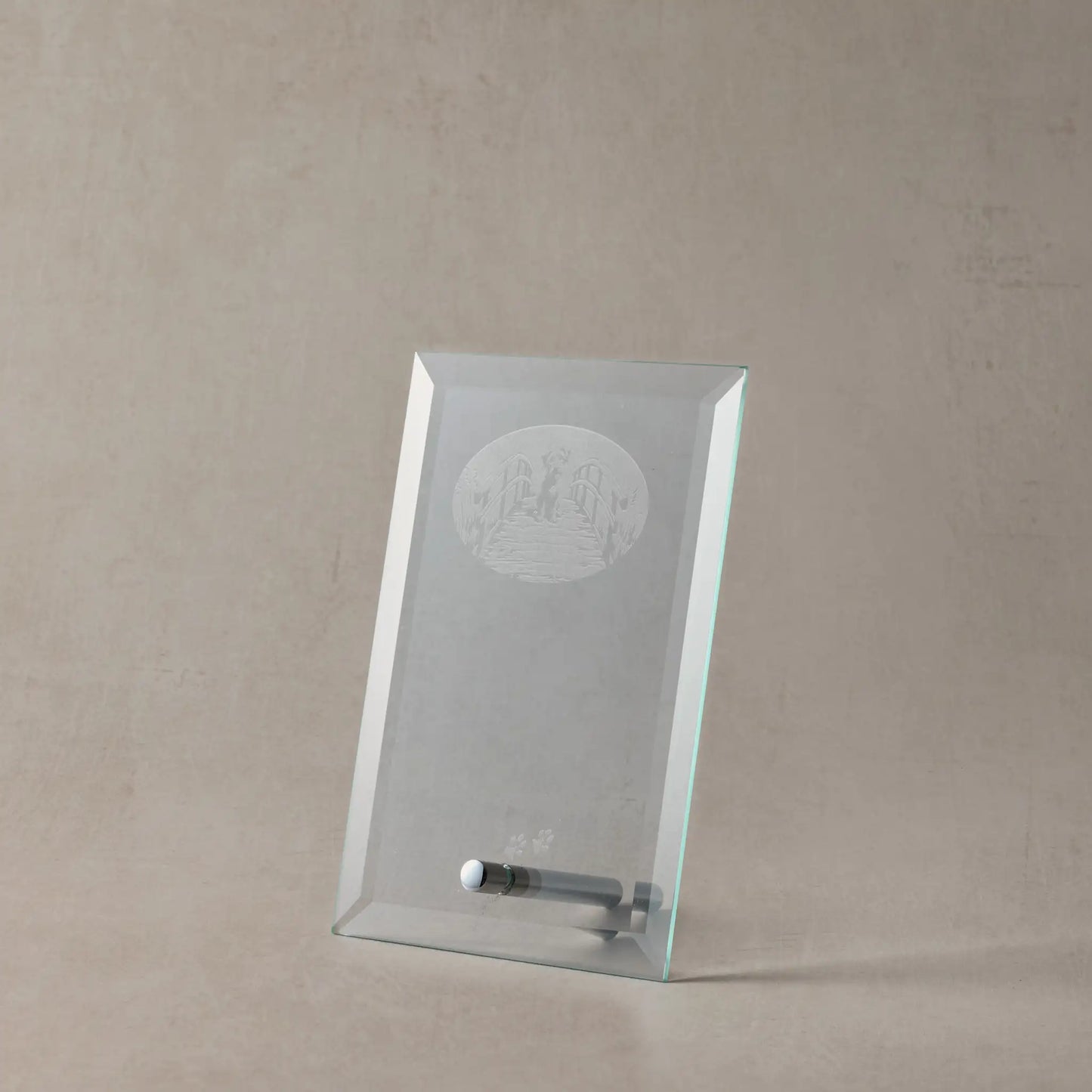 Clear glass display case with engraved dog design on a beige background
