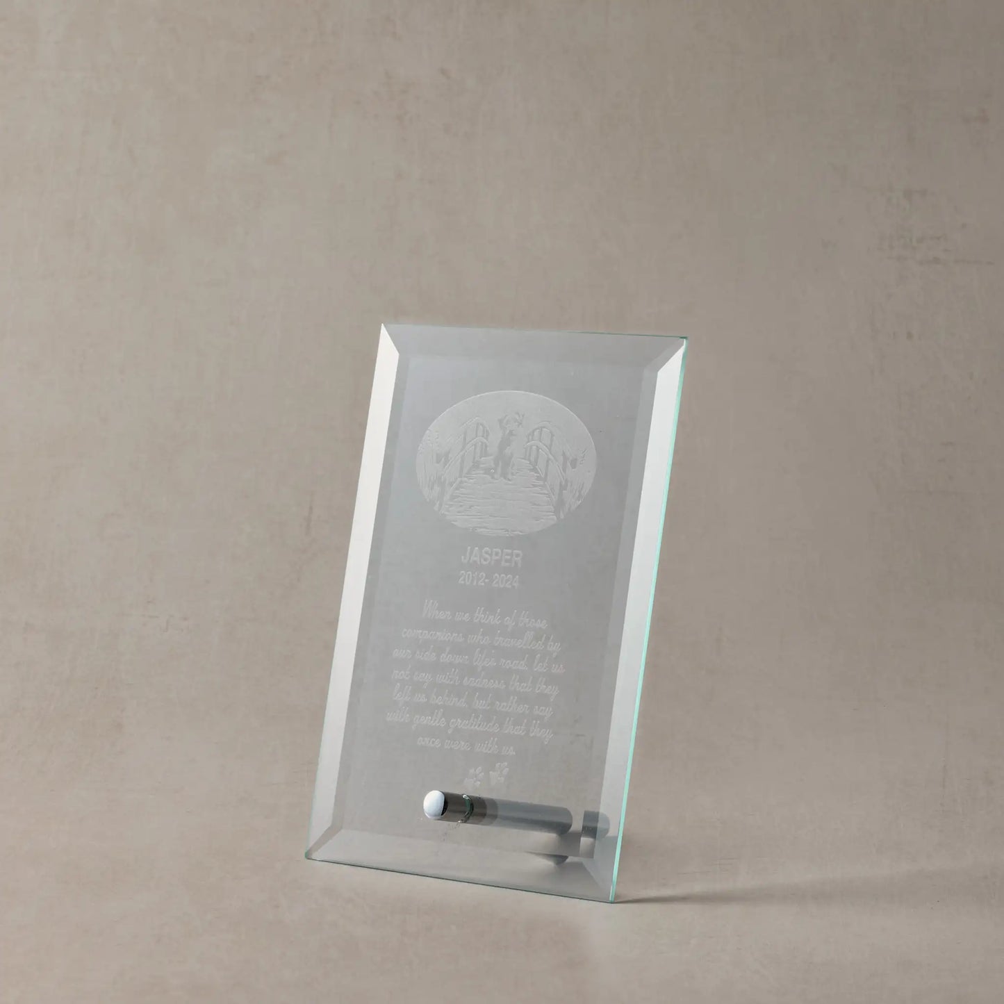 Engraved glass display plaque with dog, rainbow bridge design and  personalised message