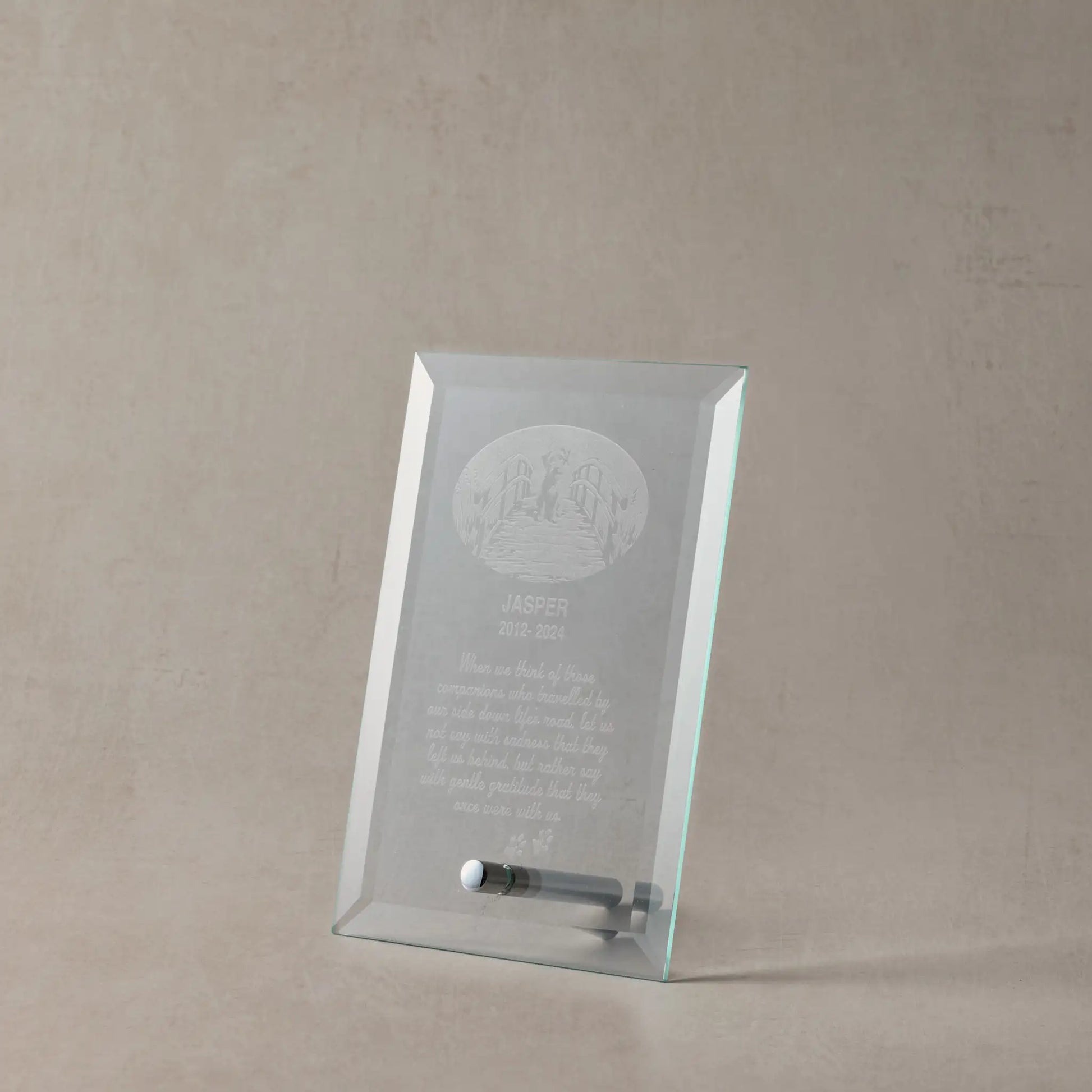 Engraved glass display plaque with dog, rainbow bridge design and  personalised message