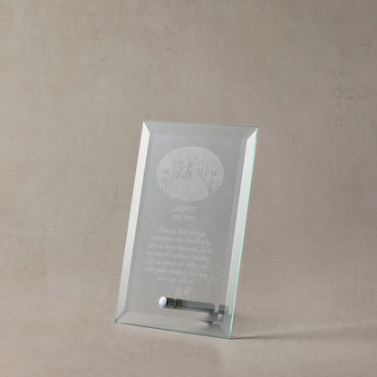 Engraved glass display plaque with dog, rainbow bridge design and  personalised message