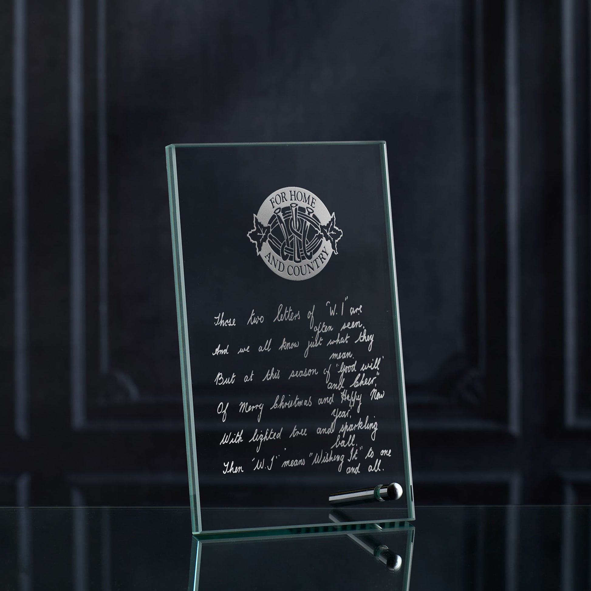 Engraved glass display plaque with a grandmother’s real handwriting, personalised keepsake made in Scotland.