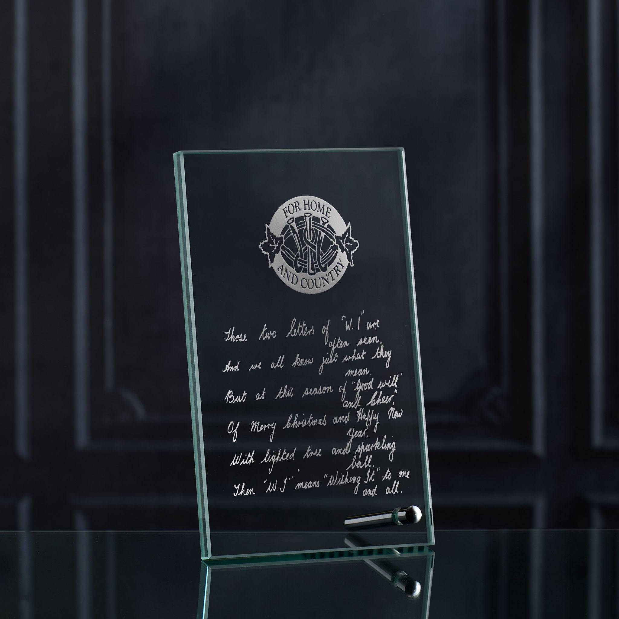 Engraved glass display plaque with a grandmother’s real handwriting, personalised keepsake made in Scotland.