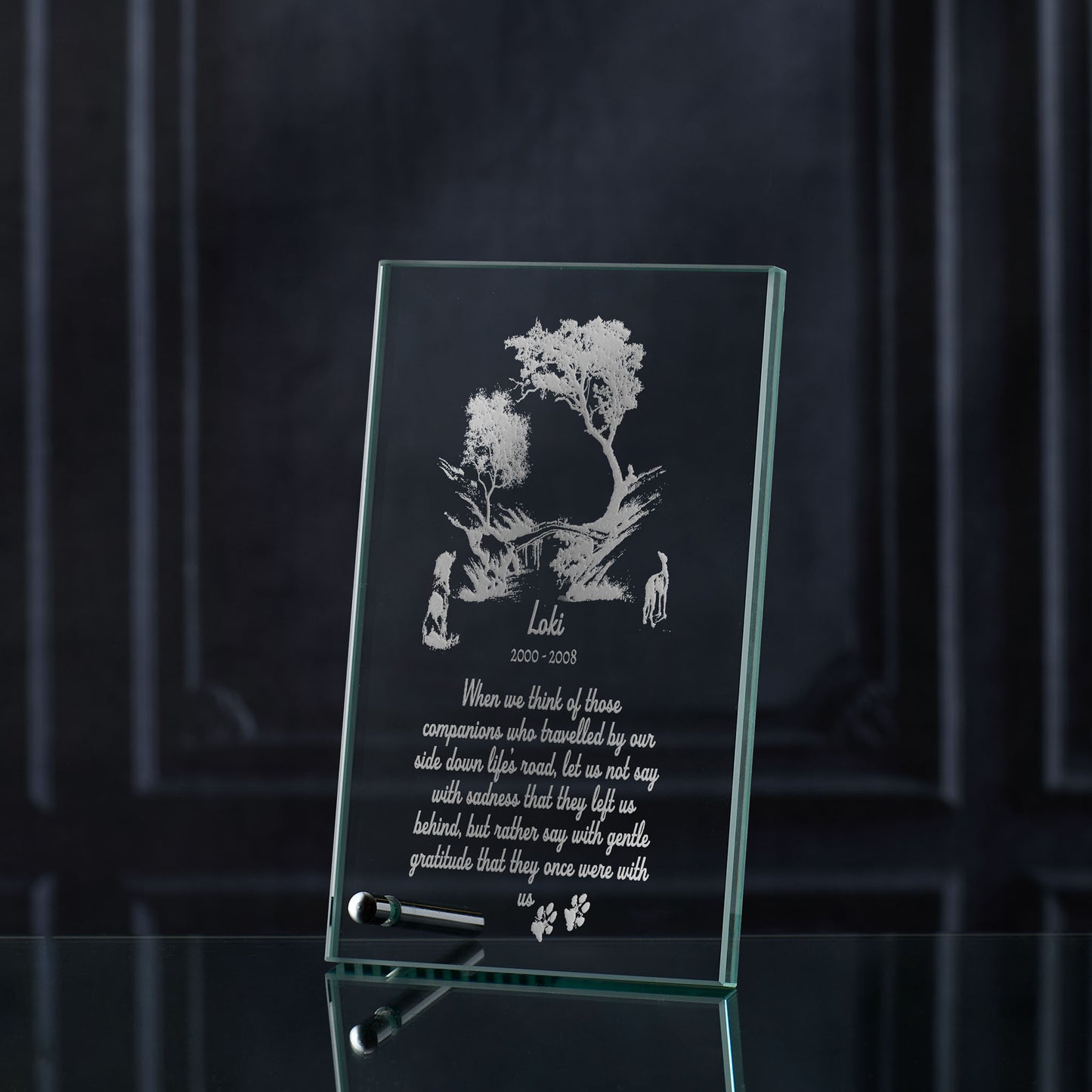 Engraved glass display plaque with dogs and rainbow bridge design and  personalised message, handmade in Scotland.”