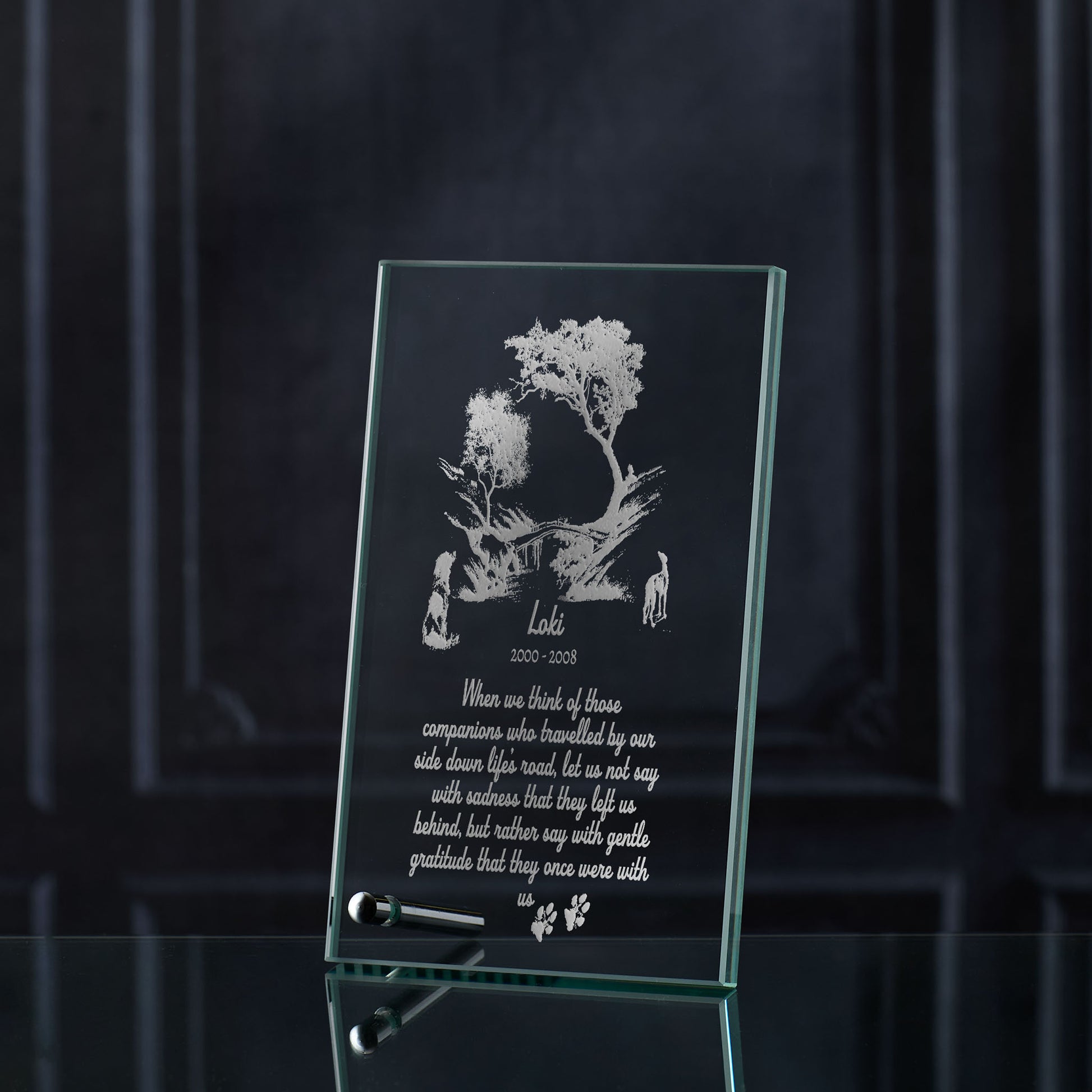 Engraved glass display plaque with dogs and rainbow bridge design and  personalised message, handmade in Scotland.”