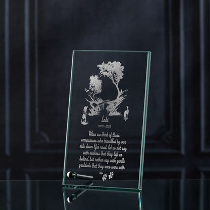 Engraved glass display plaque with dogs and rainbow bridge design and  personalised message, handmade in Scotland.”
