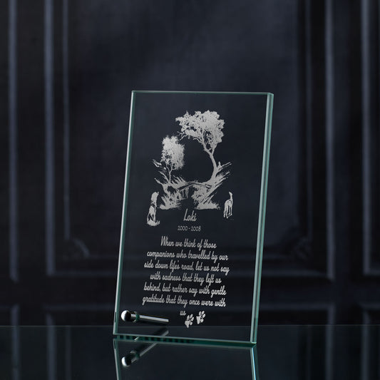Engraved glass display plaque with dogs and rainbow bridge design and  personalised message, handmade in Scotland.”
