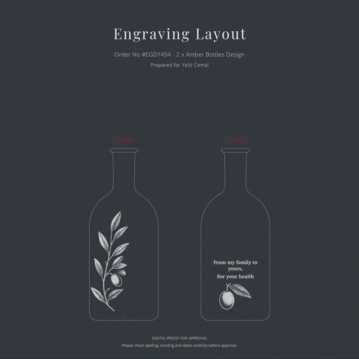 Digital engraving layout preview showing two amber bottle designs with a white line drawing of an olive branch.
