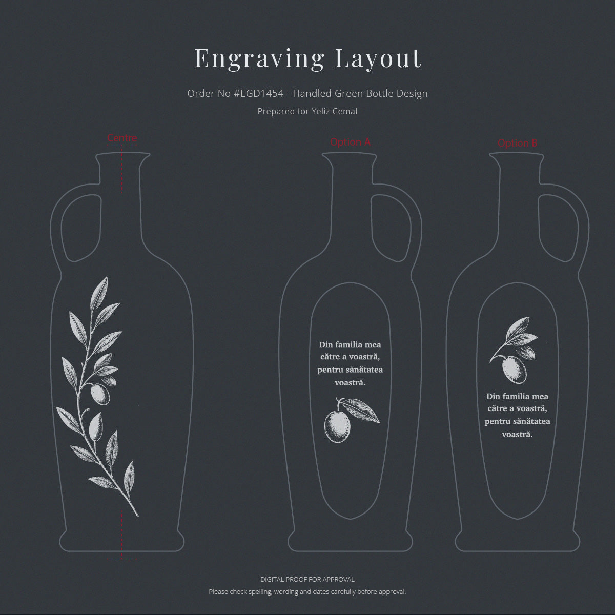 Digital engraving layout preview for a handled green bottle design, showing three bottle outline options labeled Option A, B, and C
