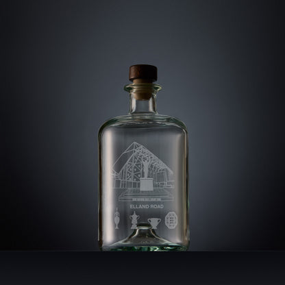 Engraved apothecary-style decanter with Elland Road stadium illustration