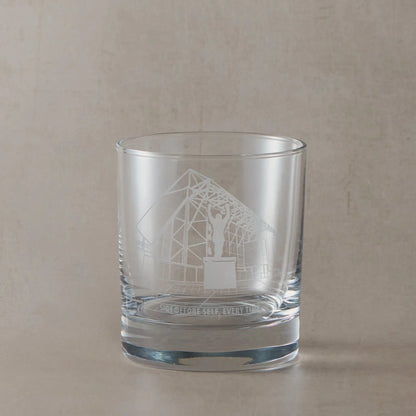 Engraved whisky glass line-art design of Elland Road stadium façade with space beneath for your own message