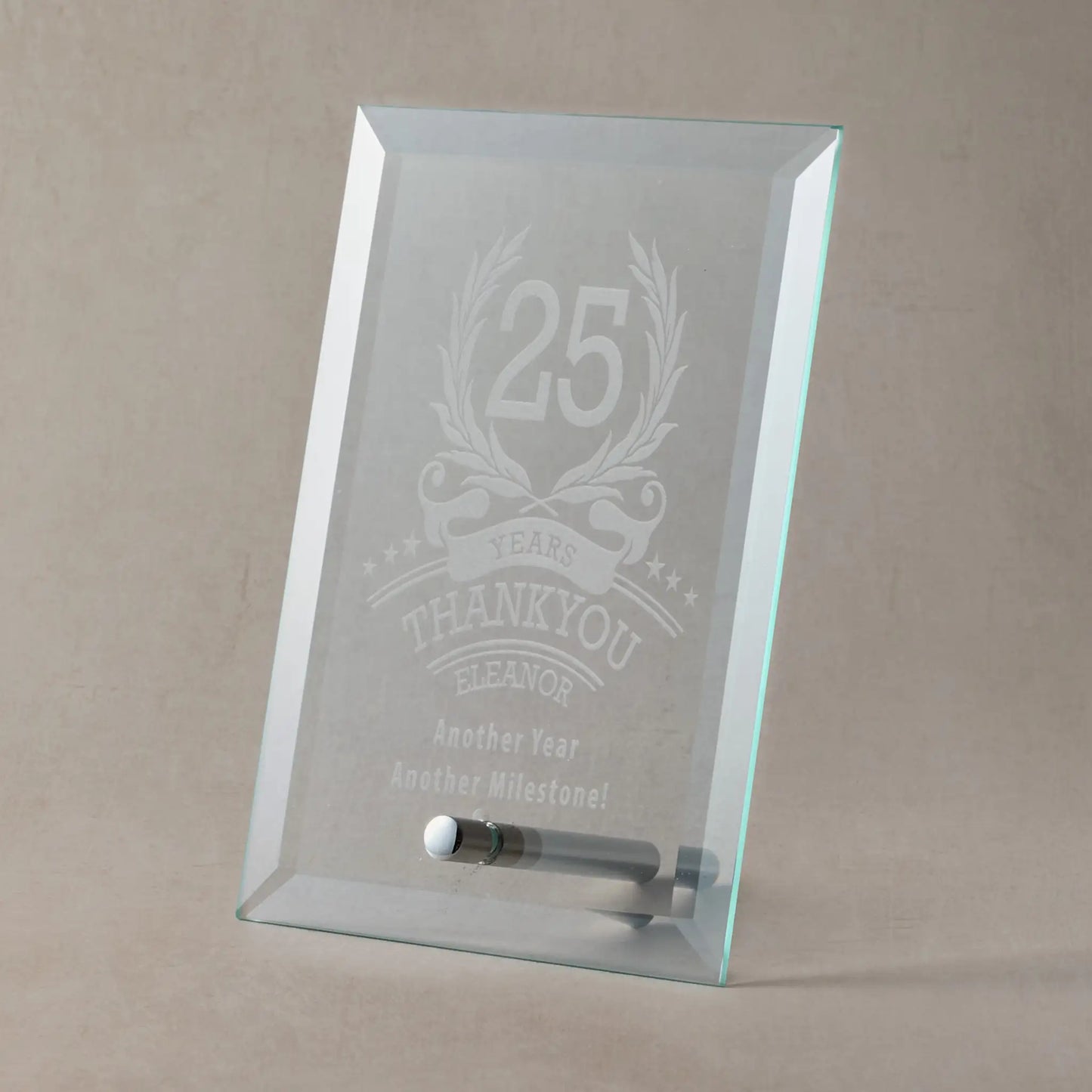 Medium-sized plaque featuring engraved 25, laurel wreath, stars, and personalised text