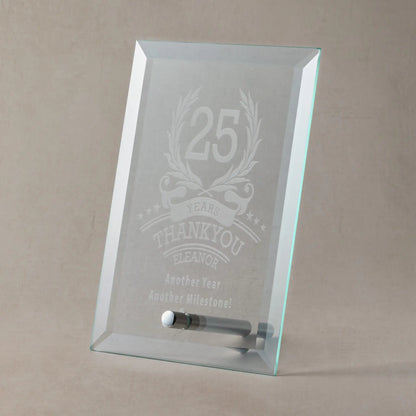 Medium-sized plaque featuring engraved 25, laurel wreath, stars, and personalised text