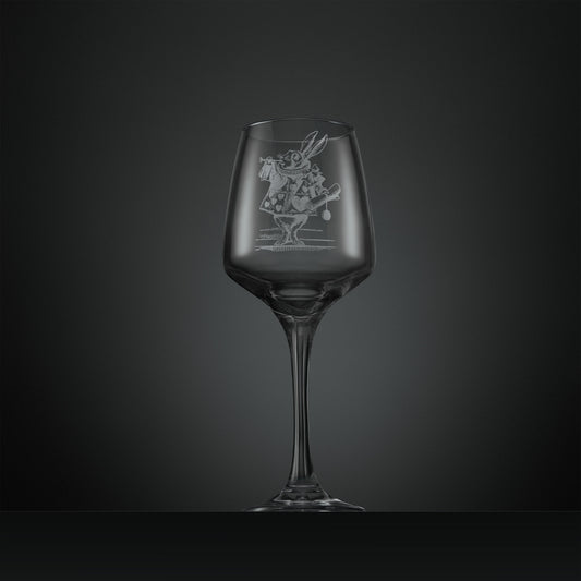Engraved wine glass featuring the white rabbit from Alices Adventures in Wonderland