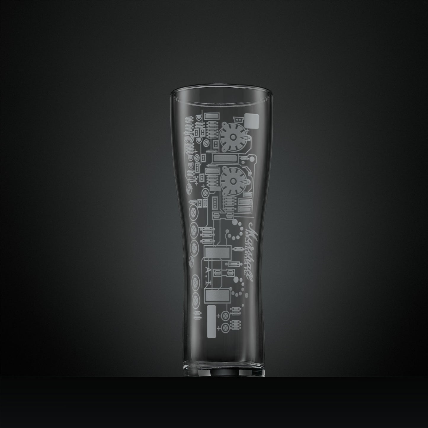 Engraved pint glass featuring a guitar amp circuit board with connectors