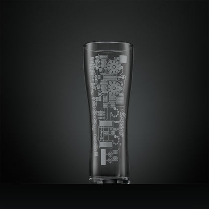 Engraved pint glass featuring a guitar amp circuit board with connectors