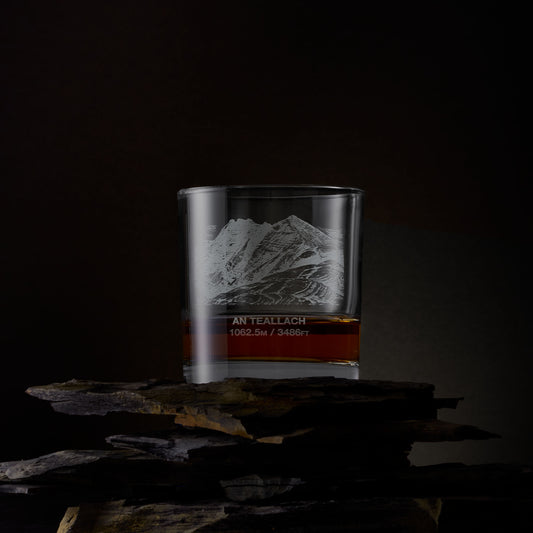 Engraved whisky glass featuring An Teallach and its summit height in metres and feet