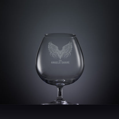 Engraved brandy glass with an  illustration of feathered wings and The Angels Share text