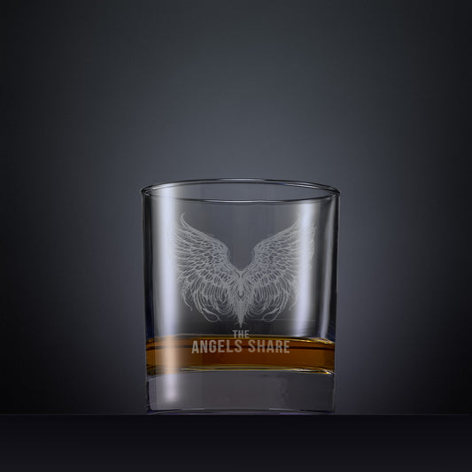 Engraved whisky glass with an  illustration of The Angels Share and a pair of wings