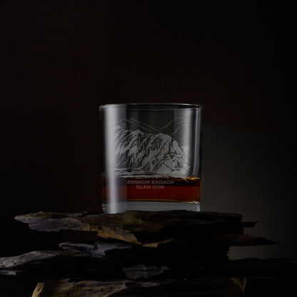 Engraved whisky glass with Aonach Eagagh, Glen Coe illustration