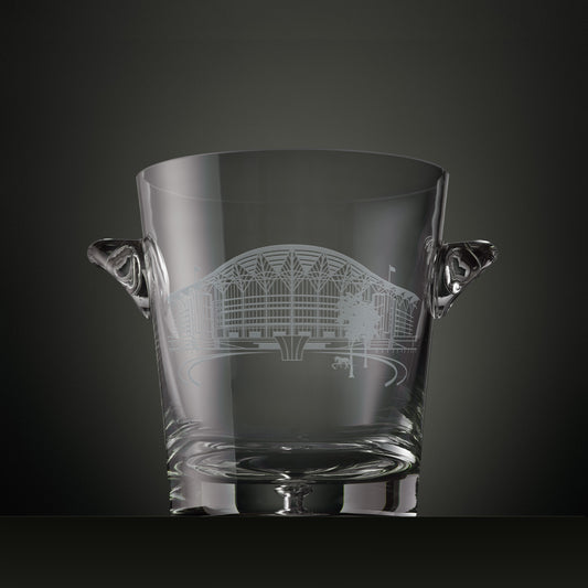 Engraved champagne cooler with an  architectural illustration of Ascot grandstand and parade ring