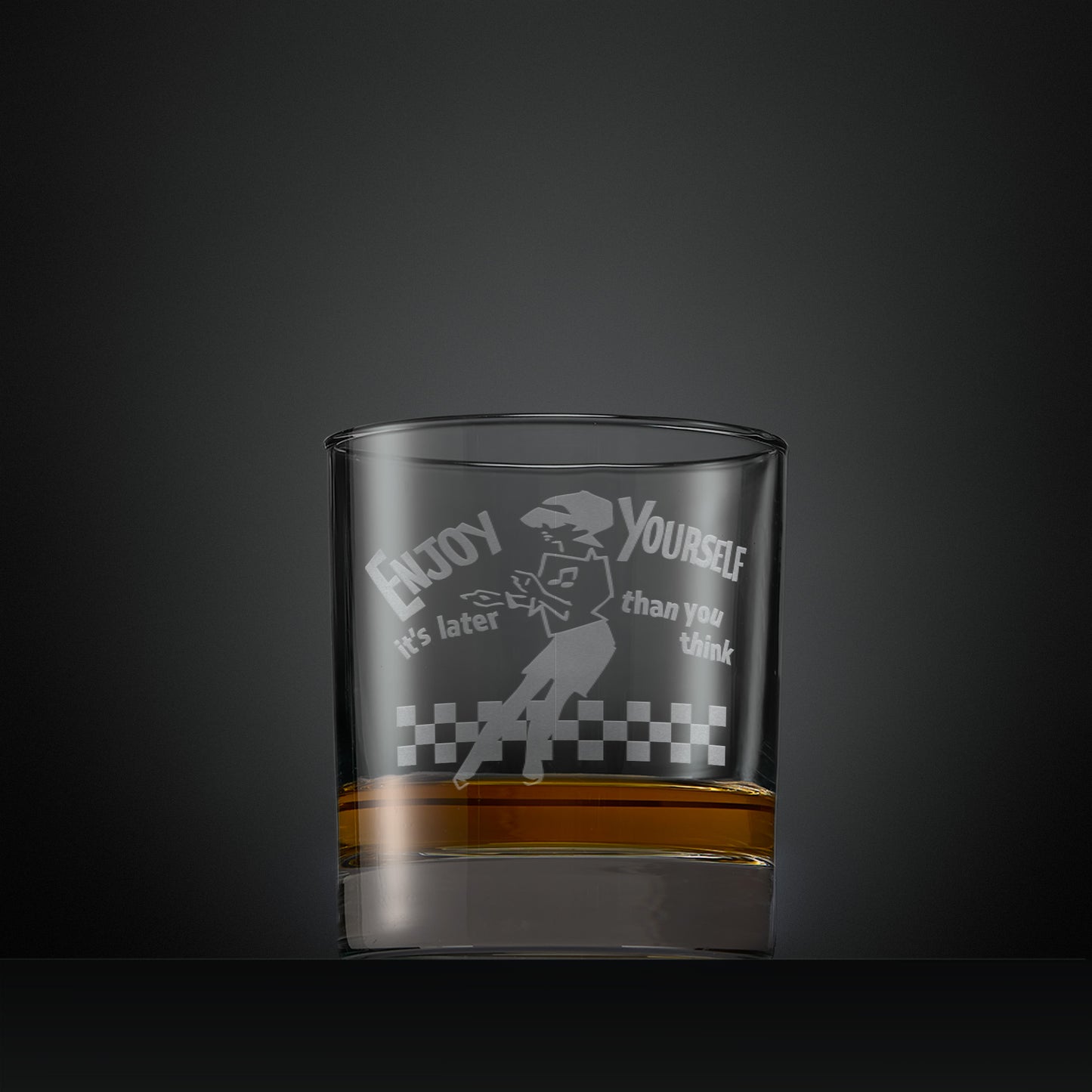 Engraved whisky glass featuring the Beat girl with the words Enjoy Yourself