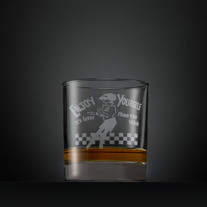 Engraved whisky glass featuring the Beat girl with the words Enjoy Yourself