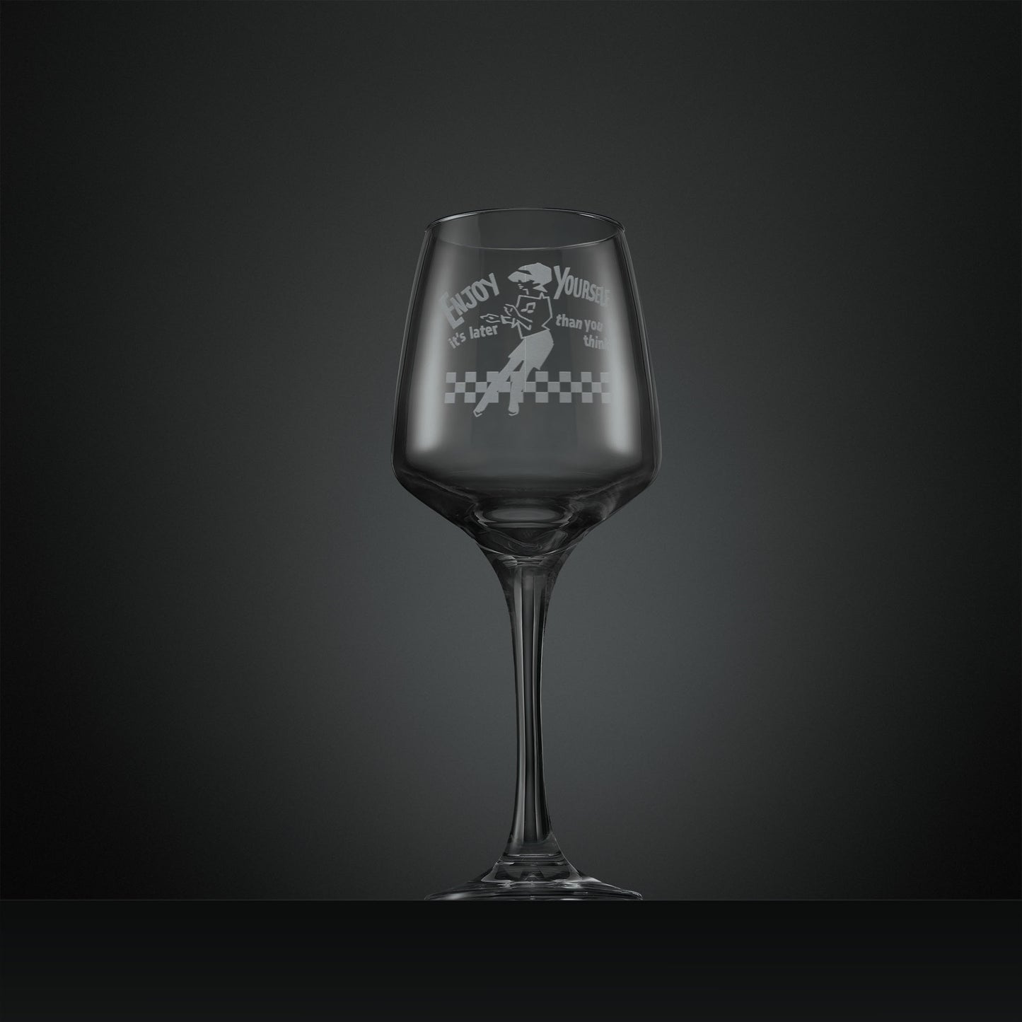 Engraved wine glass featuring the Beat Girl dancing on a checkerboard floor