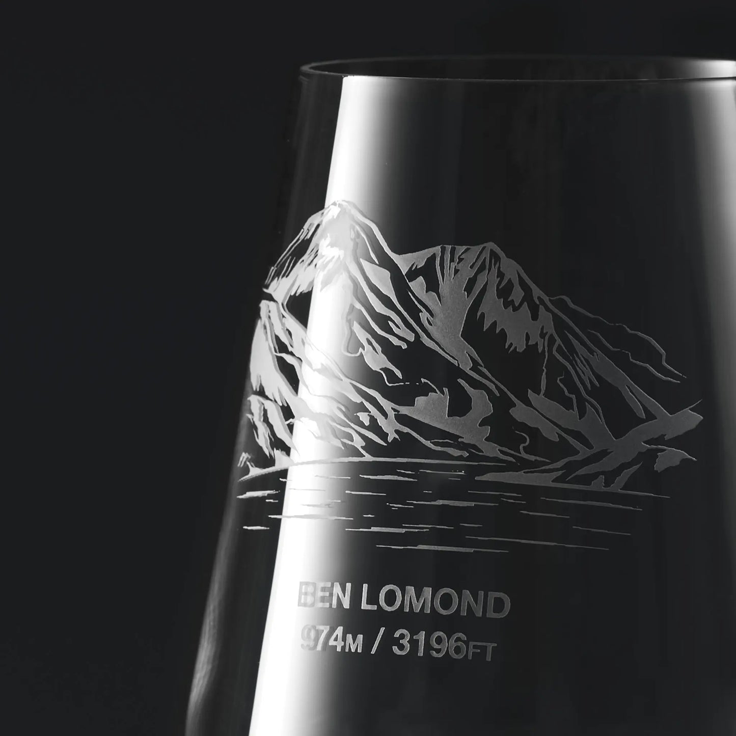 Engraved wine glass with Ben Lomond mountain engraving and elevation details