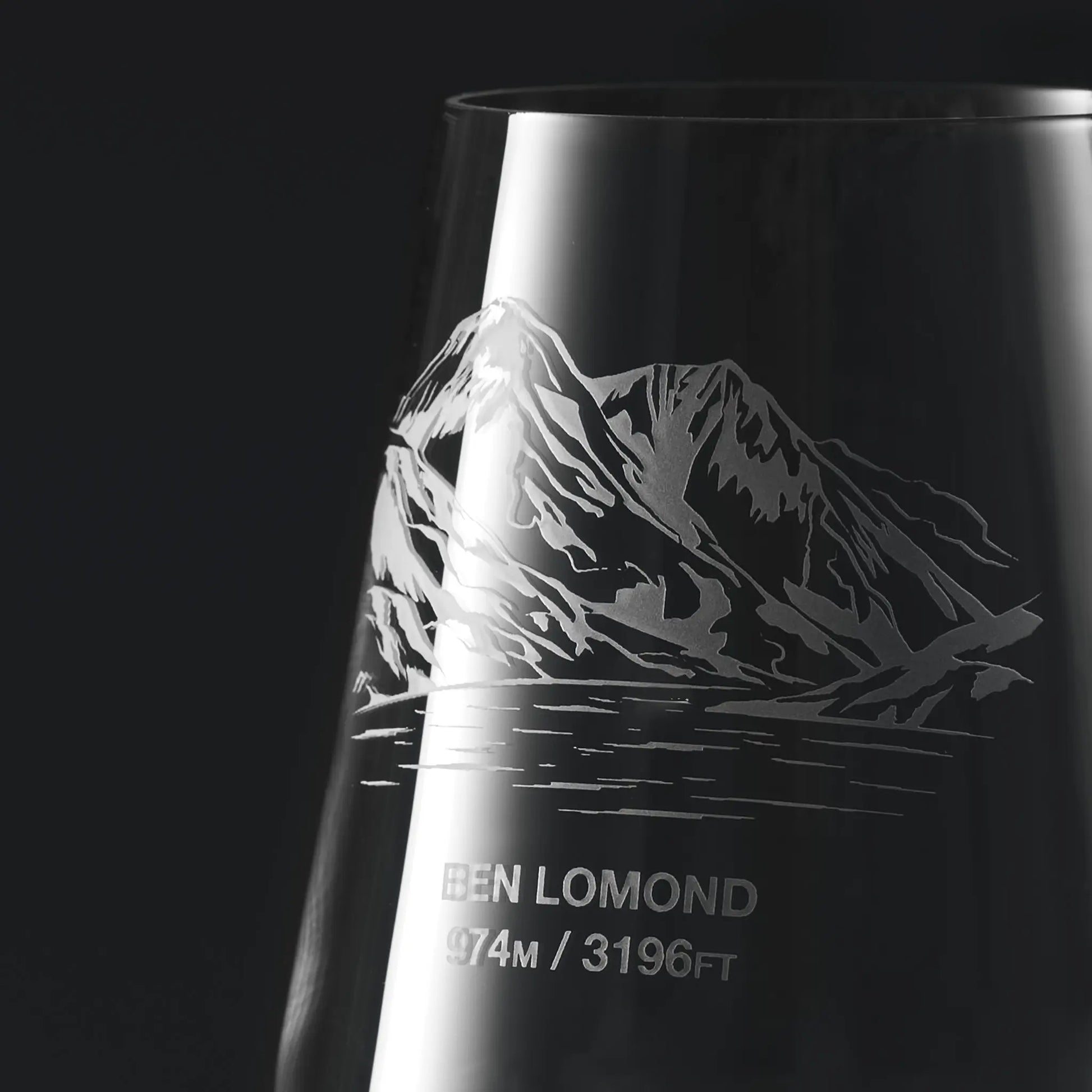 Engraved wine glass with Ben Lomond mountain engraving and elevation details