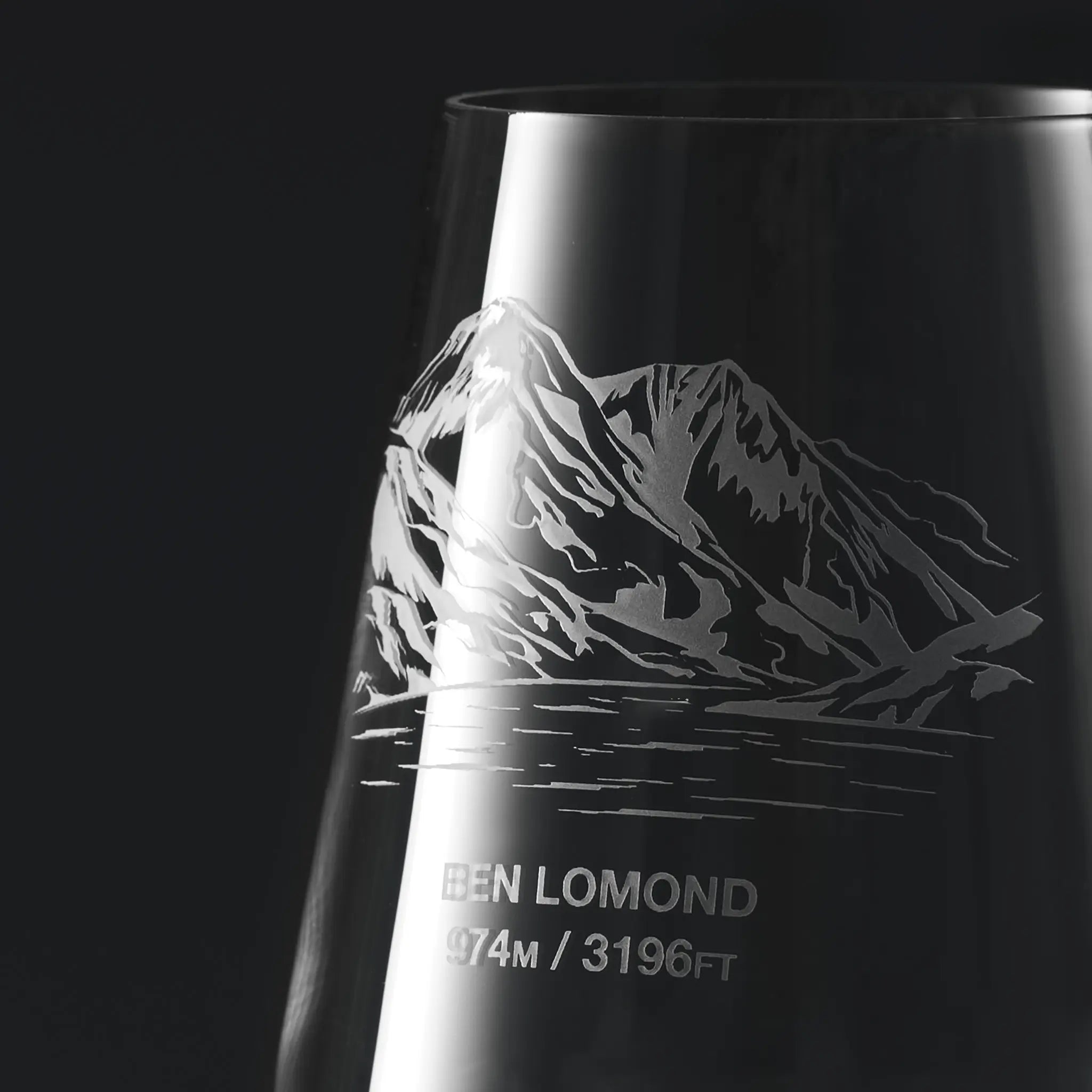 Engraved wine glass with Ben Lomond mountain engraving and elevation details