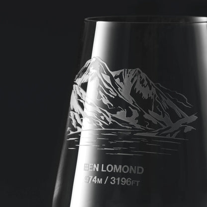 Engraved wine glass with Ben Lomond mountain engraving and elevation details