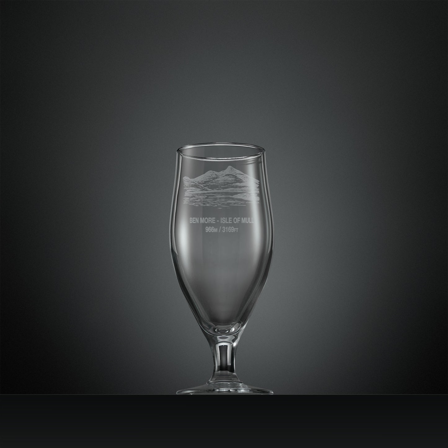 Engraved stemmed beer glass with Ben More, Isle of Mull illustration