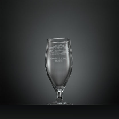 Engraved stemmed beer glass with Ben More, Isle of Mull illustration