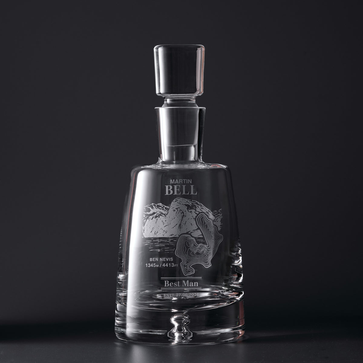 Engraved decanter featuring Ben Nevis, a topographic map with personalised  with name, dates and inscription