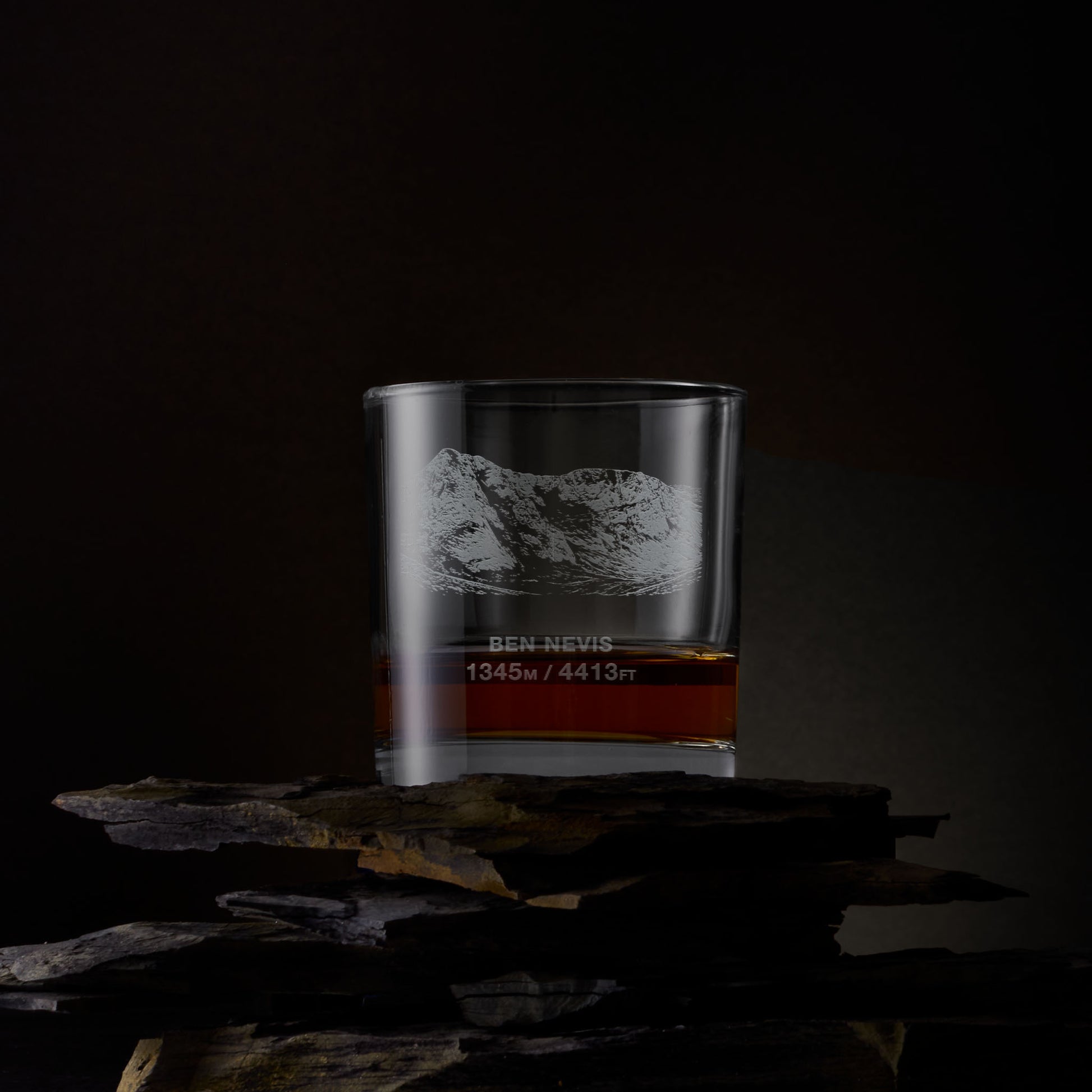 Engraved whisky glass featuring the North East face of Ben Nevis and its summit height in metres and feet