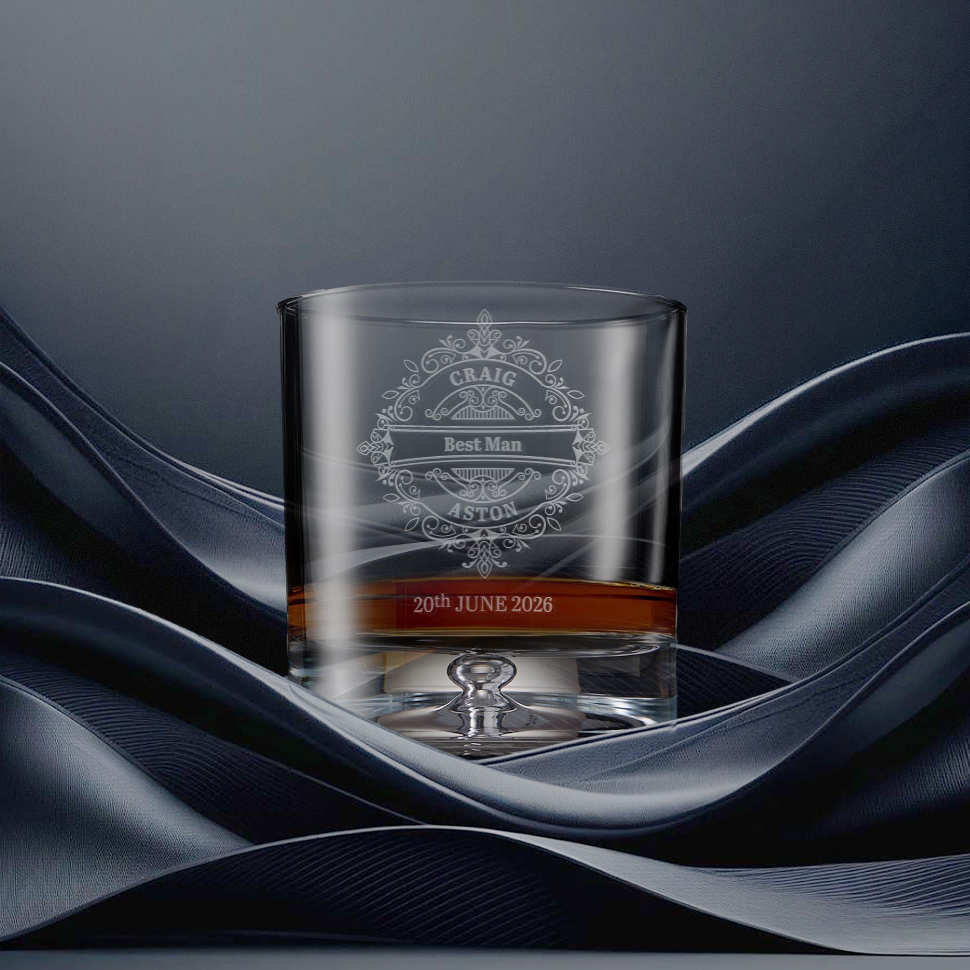 Engraved best man whisky glass with intricate venetian lace design and  personalised with name and wedding date