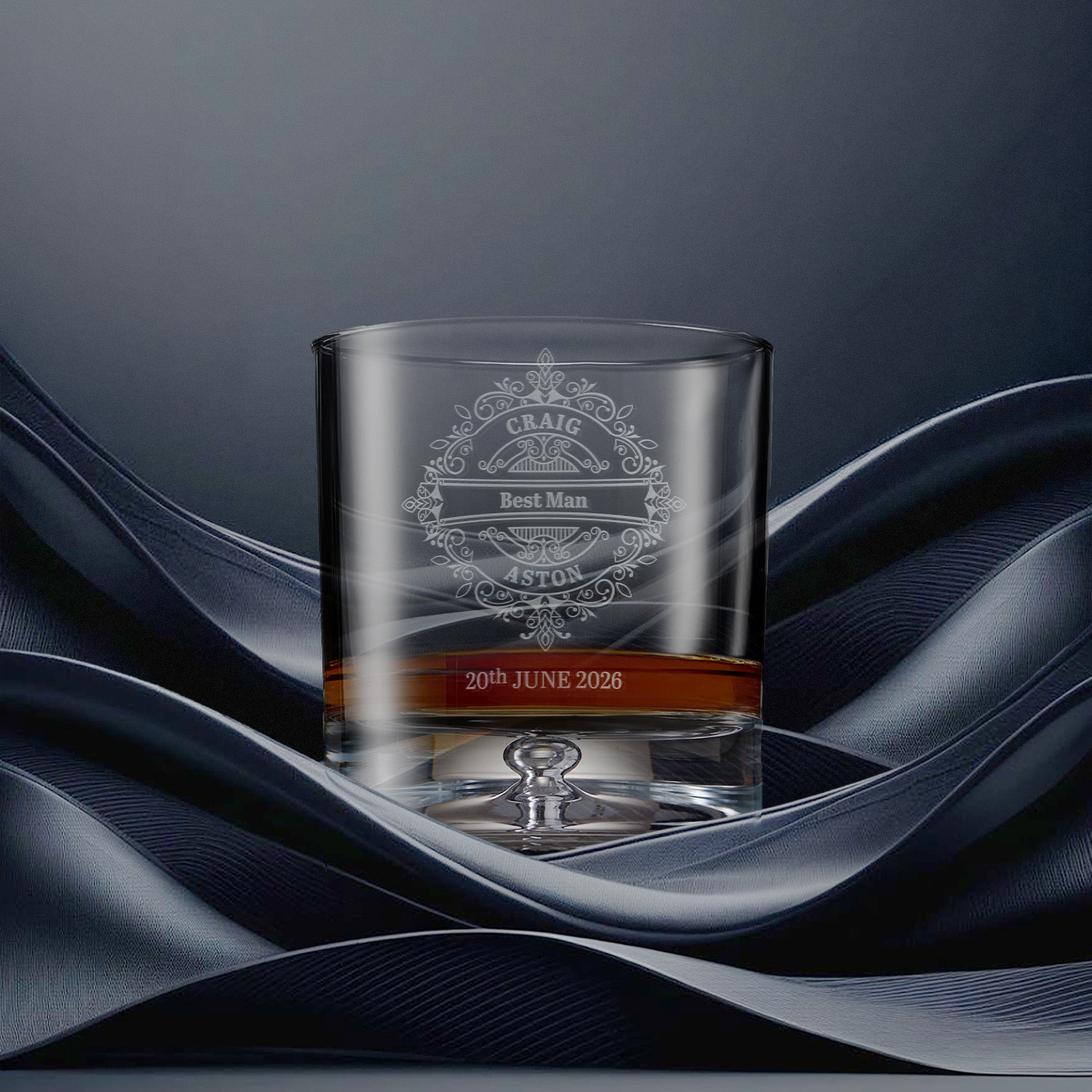 Engraved best man whisky glass with intricate venetian lace design and  personalised with name and wedding date