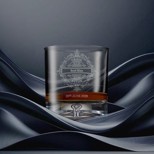 Engraved best man whisky glass with intricate venetian lace design and  personalised with name and wedding date