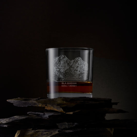 Engraved whisky tumbler featuring a mountain landscape design and the name 'BLA BHEINN' 