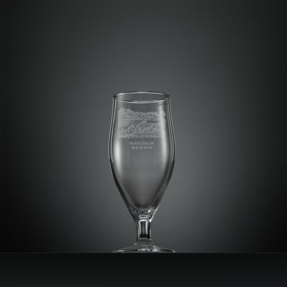 Engraved stemmed beer glass with Black Cuillin mountain range illustration